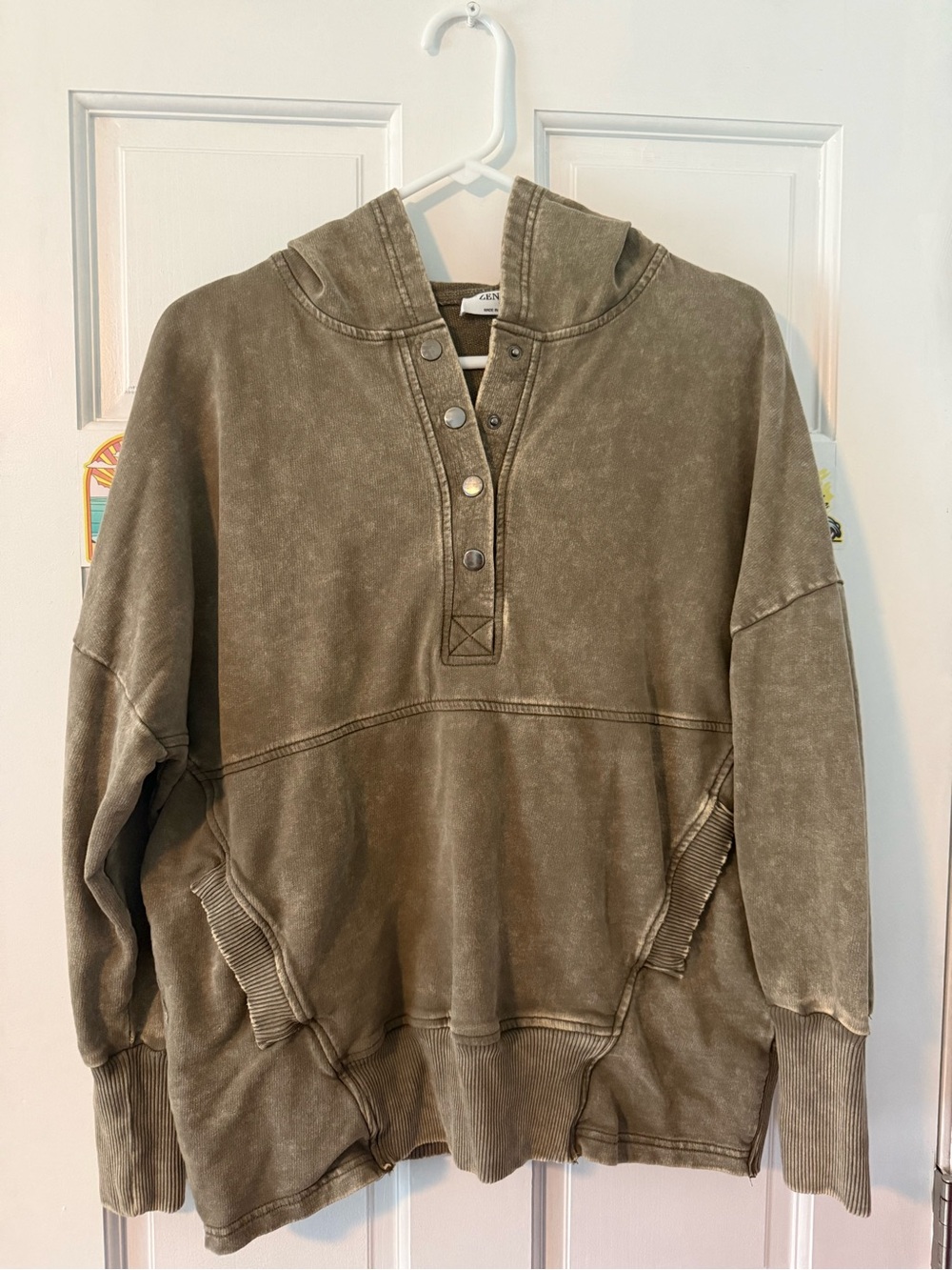 Zenana Outfitters Olive Green Hooded Snap-Placket Pullover